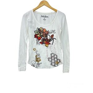 VTG Lucky Brand Y2K Embroidered‎ Thermal Long Sleeve Ivory Women’s Sz Large